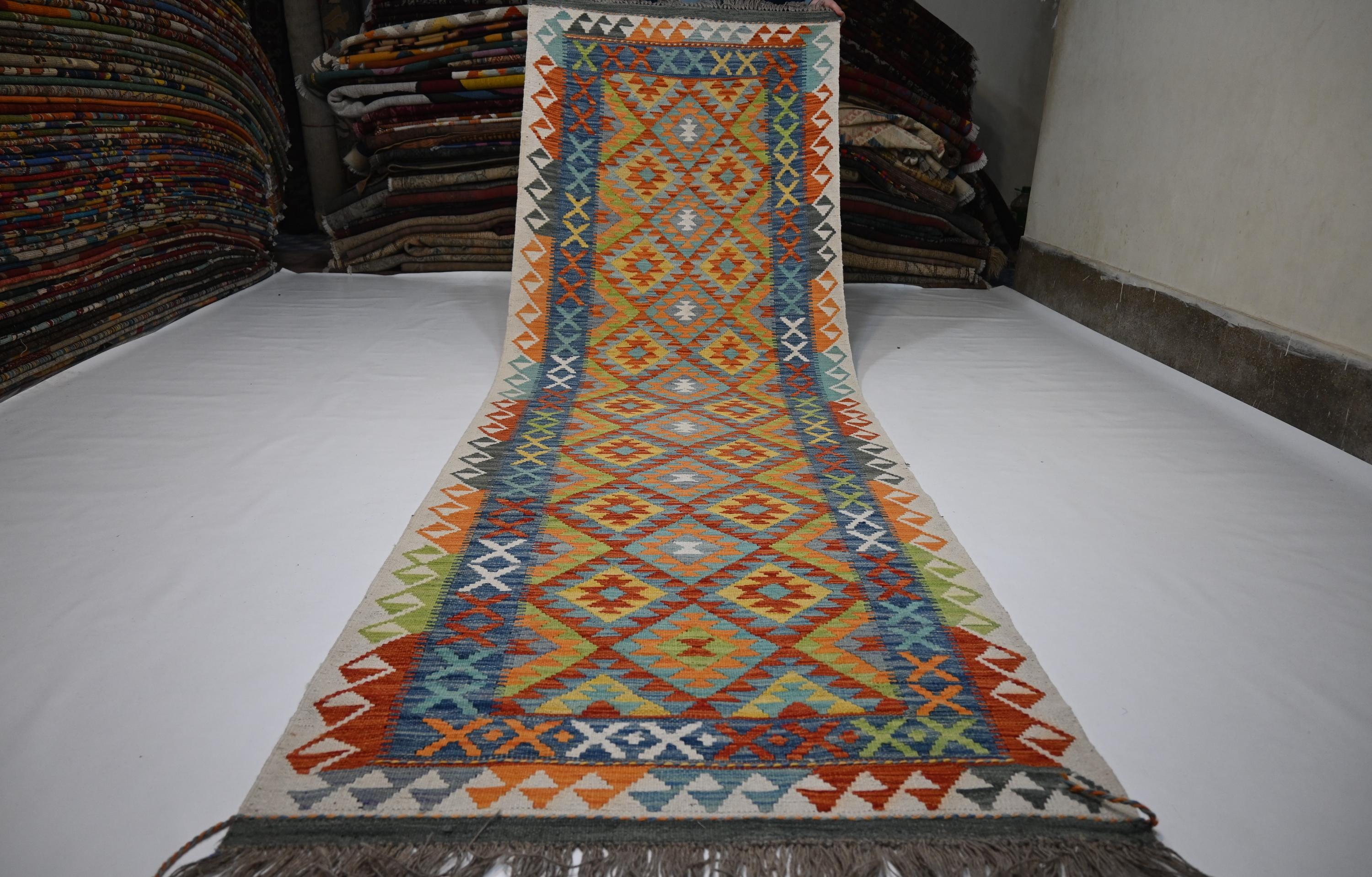 Handmade Afghan Kilim Runner Rug: Geometric Wool Flatweave Hallway Decor