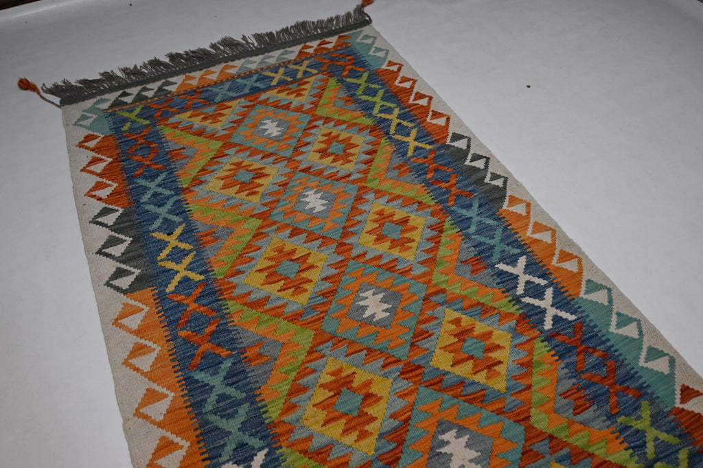 Handmade Afghan Kilim Runner Rug: Geometric Wool Flatweave Hallway Decor