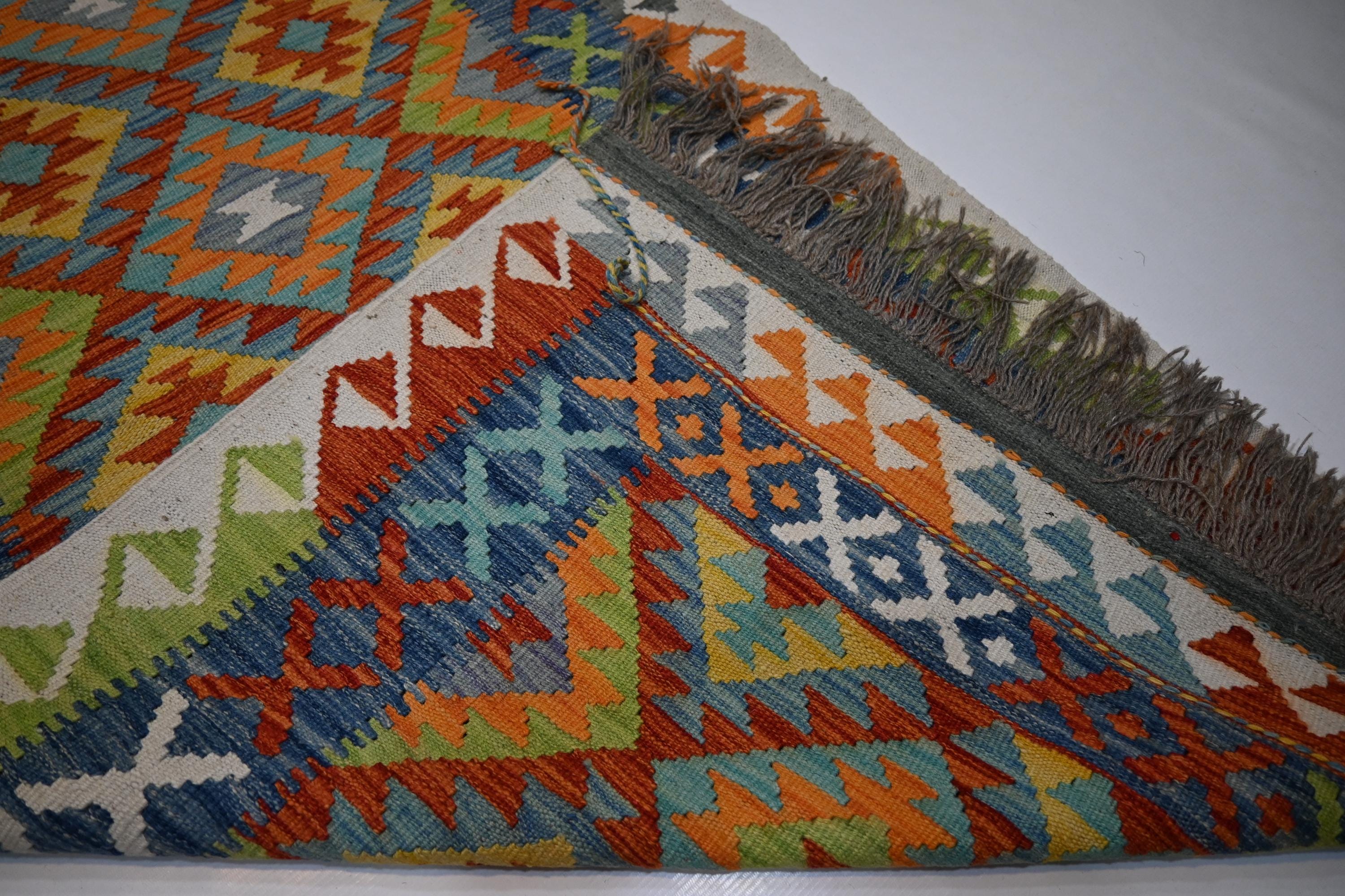 Handmade Afghan Kilim Runner Rug: Geometric Wool Flatweave Hallway Decor