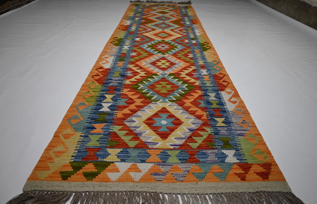 Handmade Afghan Kilim Runner Rug: Geometric Flatweave Wool for Hallways Kitchens