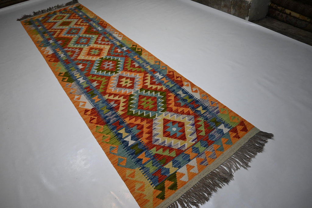 Handmade Afghan Kilim Runner Rug: Geometric Flatweave Wool for Hallways Kitchens