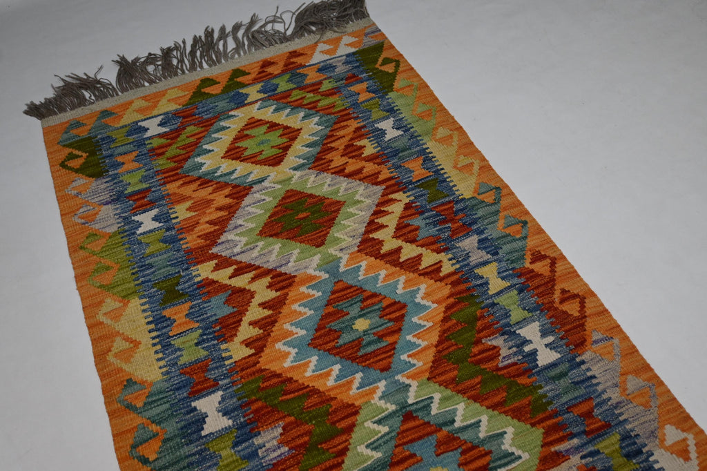 Handmade Afghan Kilim Runner Rug: Geometric Flatweave Wool for Hallways Kitchens