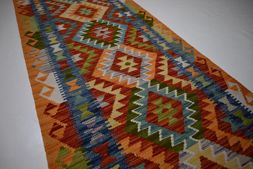 Handmade Afghan Kilim Runner Rug: Geometric Flatweave Wool for Hallways Kitchens