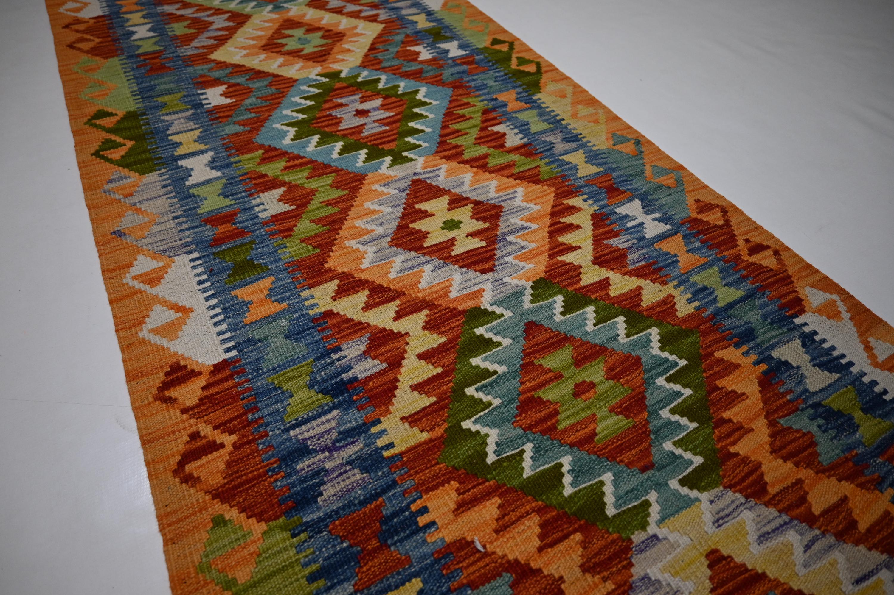 Handmade Afghan Kilim Runner Rug: Geometric Flatweave Wool for Hallways Kitchens