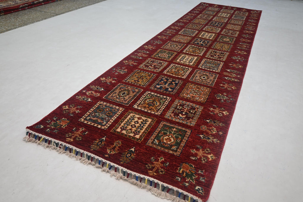 Vibrant Red Bijdar Afghan Runner Rug: 3x10 ft Hand-Knotted Wool Hallway Carpet