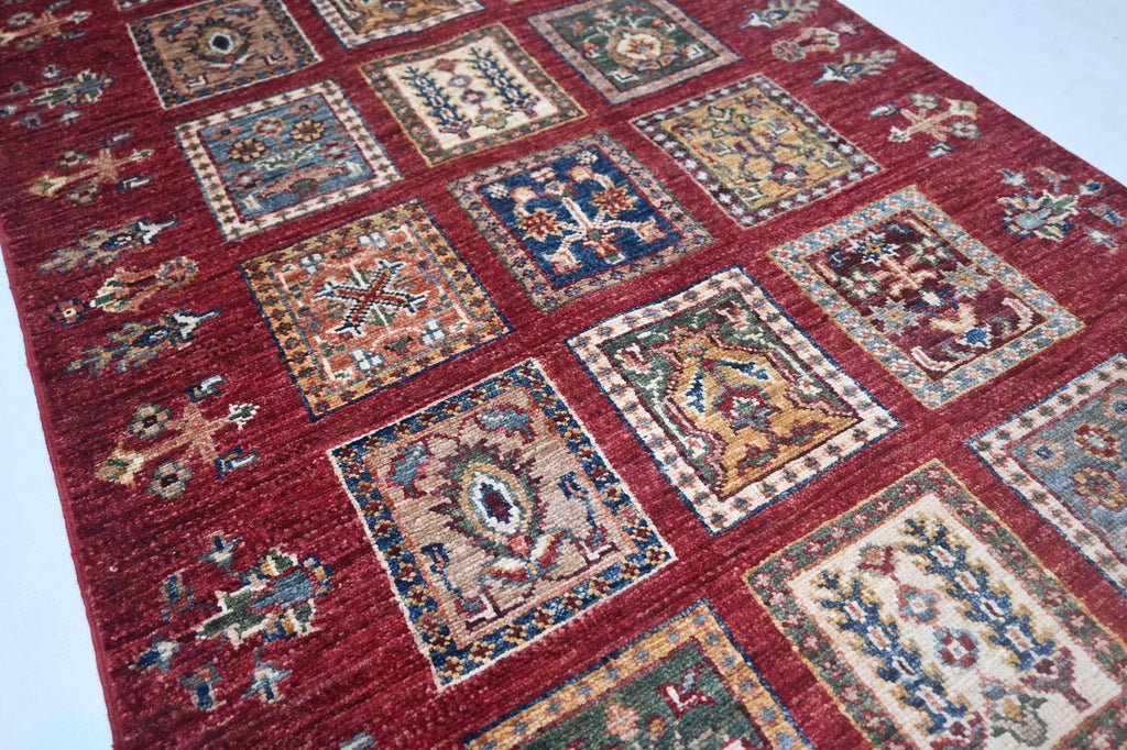 Vibrant Red Bijdar Afghan Runner Rug: 3x10 ft Hand-Knotted Wool Hallway Carpet