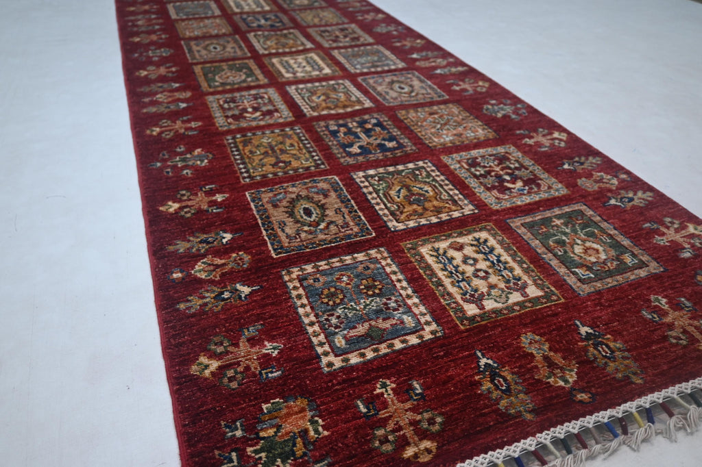 Vibrant Red Bijdar Afghan Runner Rug: 3x10 ft Hand-Knotted Wool Hallway Carpet