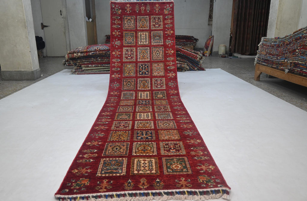 Vibrant Red Bijdar Afghan Runner Rug: 3x10 ft Hand-Knotted Wool Hallway Carpet