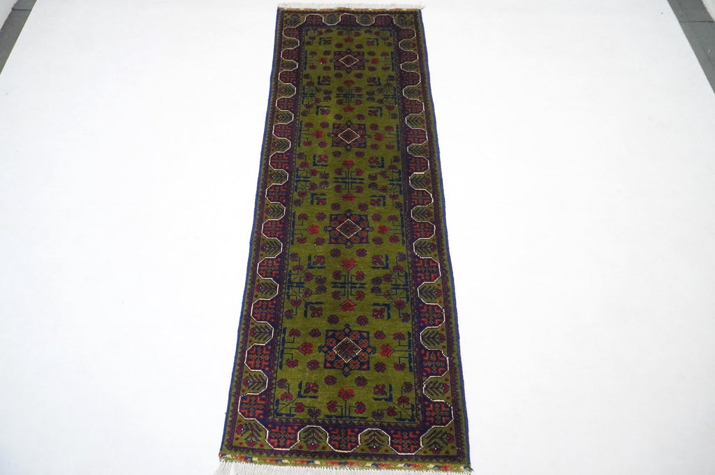 Exquisite Green Bukhara Afghan Hand-Knotted Wool Runner Rug 2'5x6'10 ft