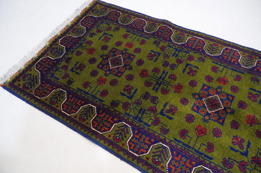 Exquisite Green Bukhara Afghan Hand-Knotted Wool Runner Rug 2'5x6'10 ft