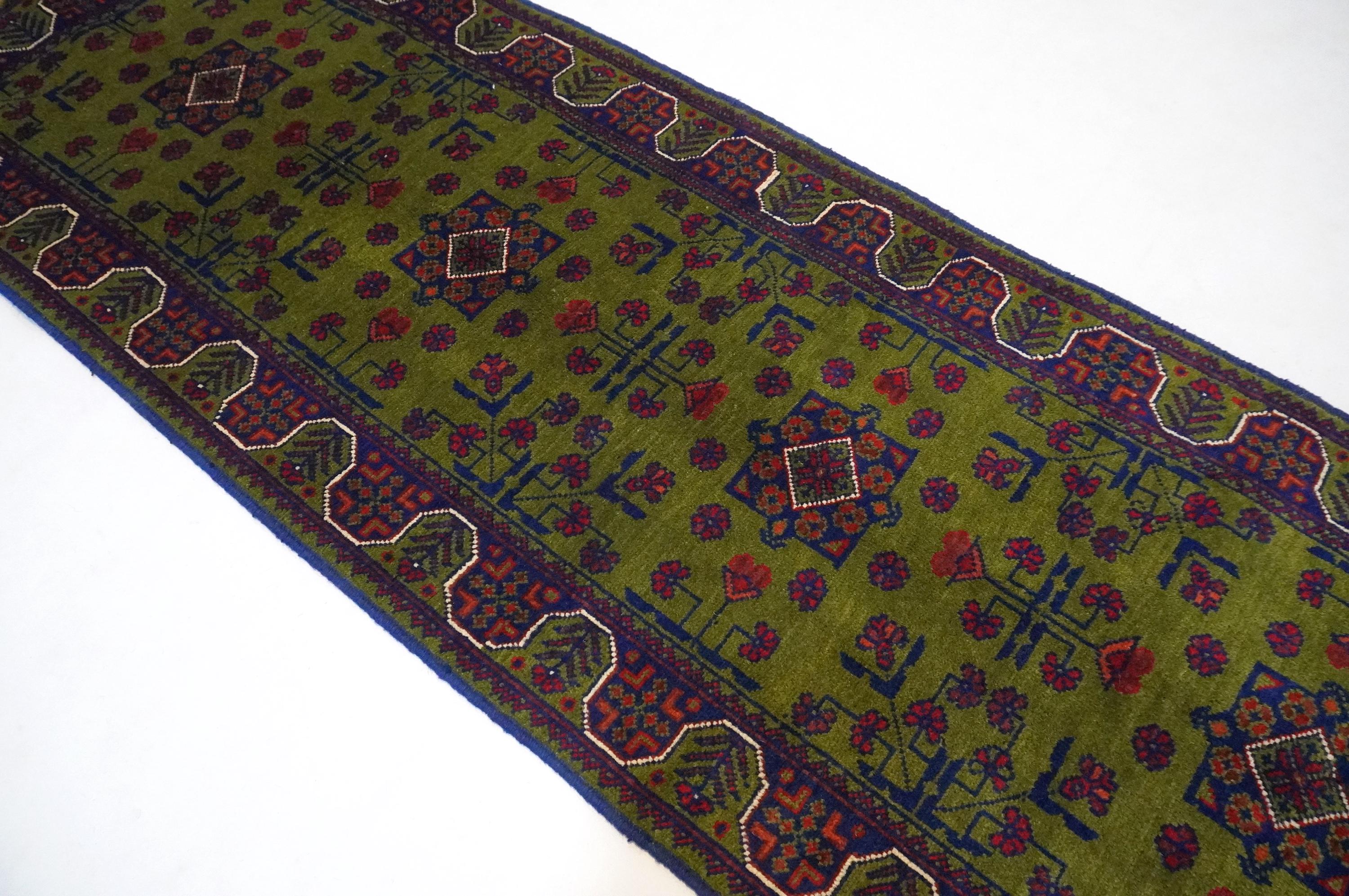 Exquisite Green Bukhara Afghan Hand-Knotted Wool Runner Rug 2'5x6'10 ft