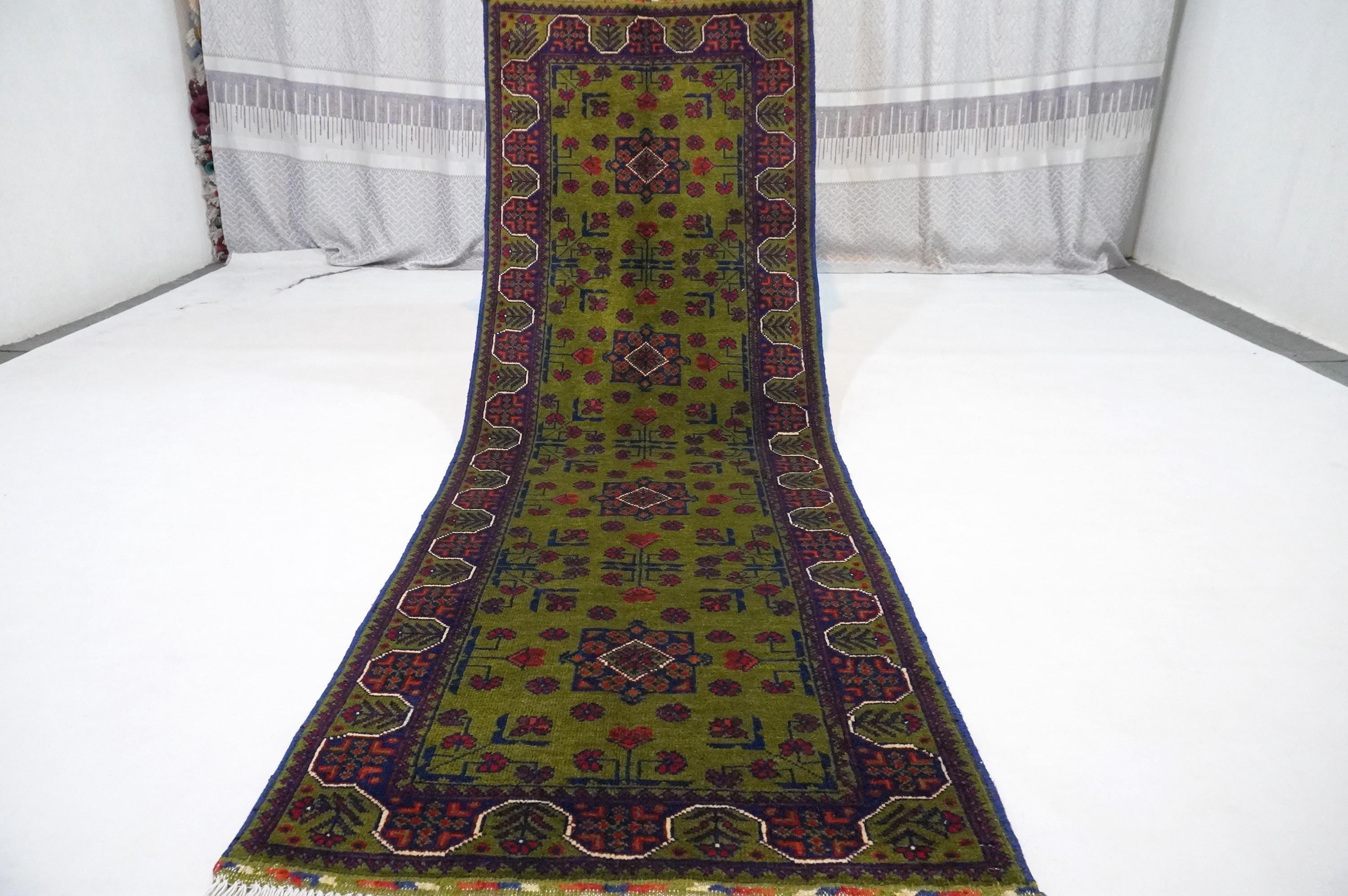 Exquisite Green Bukhara Afghan Hand-Knotted Wool Runner Rug 2'5x6'10 ft