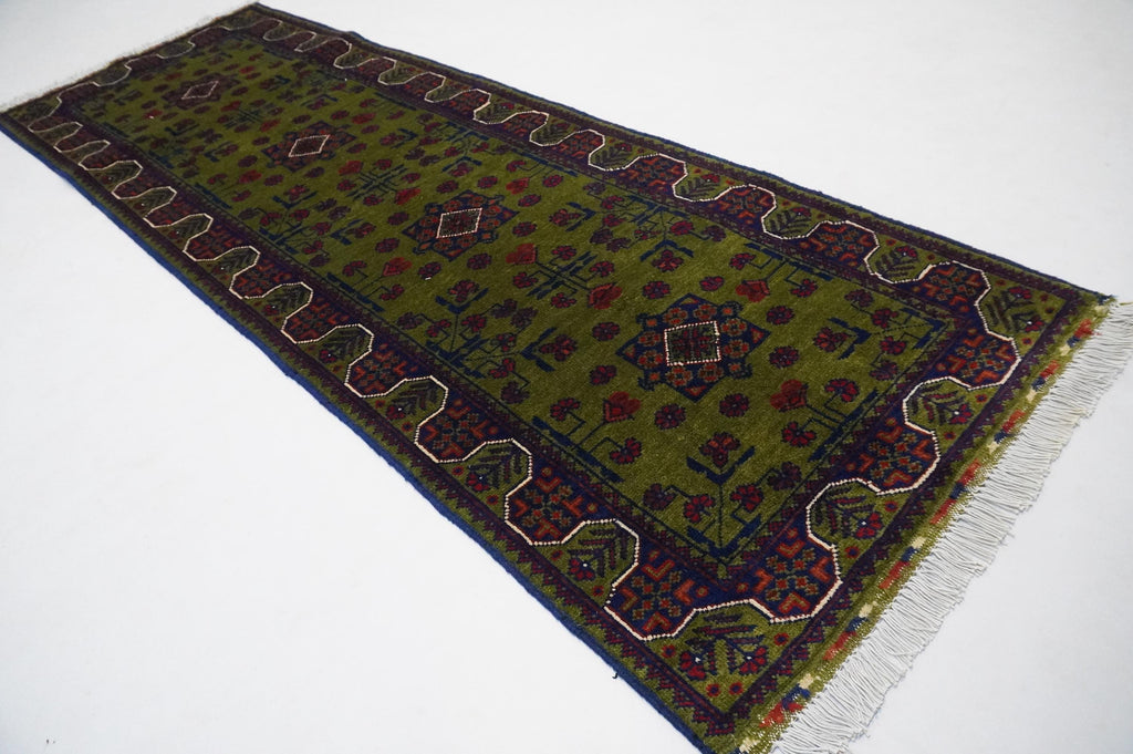 Exquisite Green Bukhara Afghan Hand-Knotted Wool Runner Rug 2'5x6'10 ft