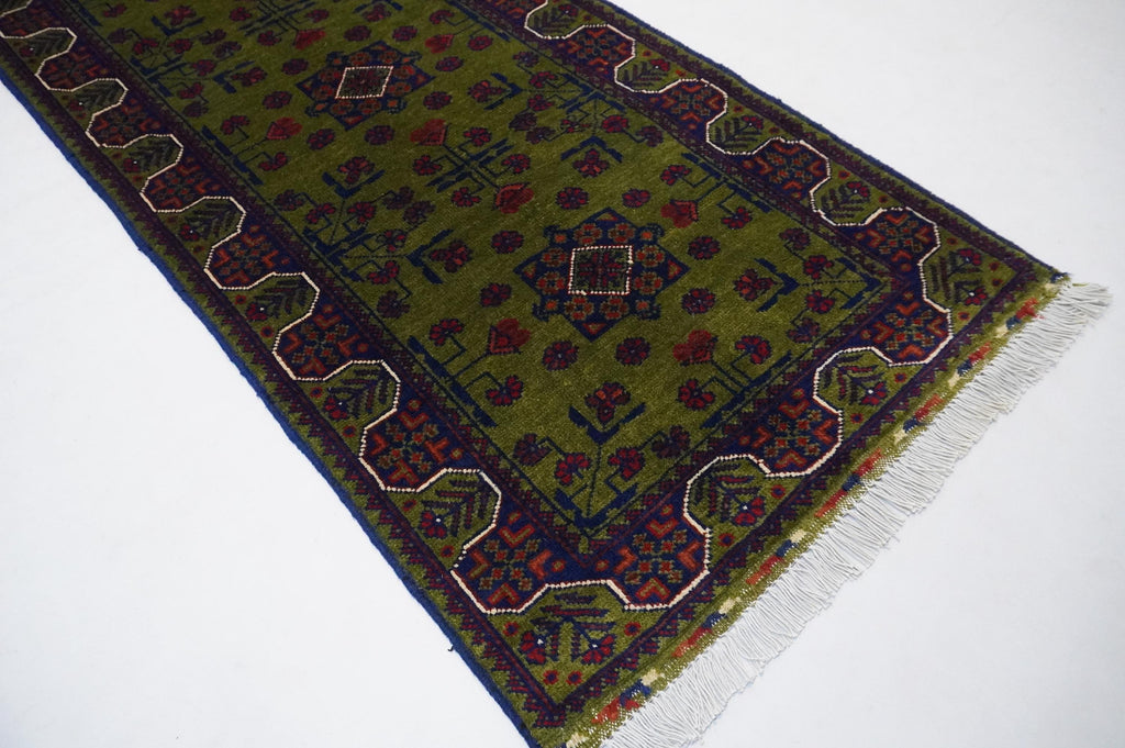 Exquisite Green Bukhara Afghan Hand-Knotted Wool Runner Rug 2'5x6'10 ft