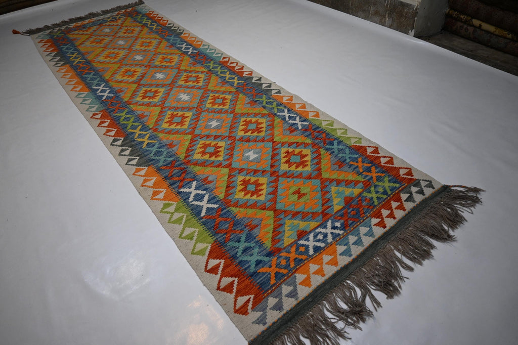 Handmade Afghan Kilim Runner Rug: Geometric Wool Flatweave Hallway Decor
