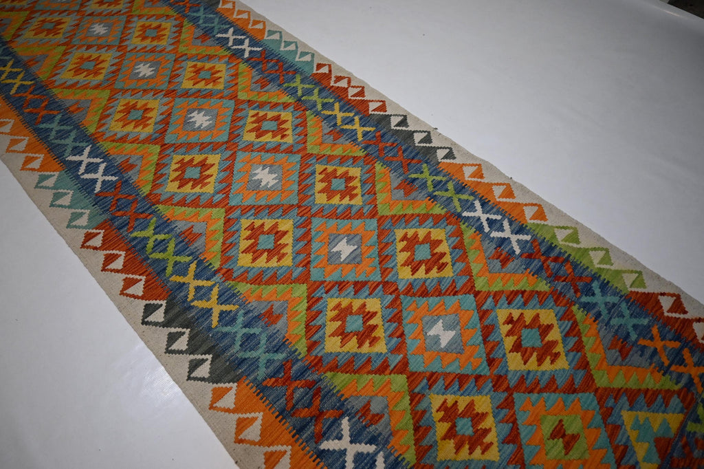 Handmade Afghan Kilim Runner Rug: Geometric Wool Flatweave Hallway Decor