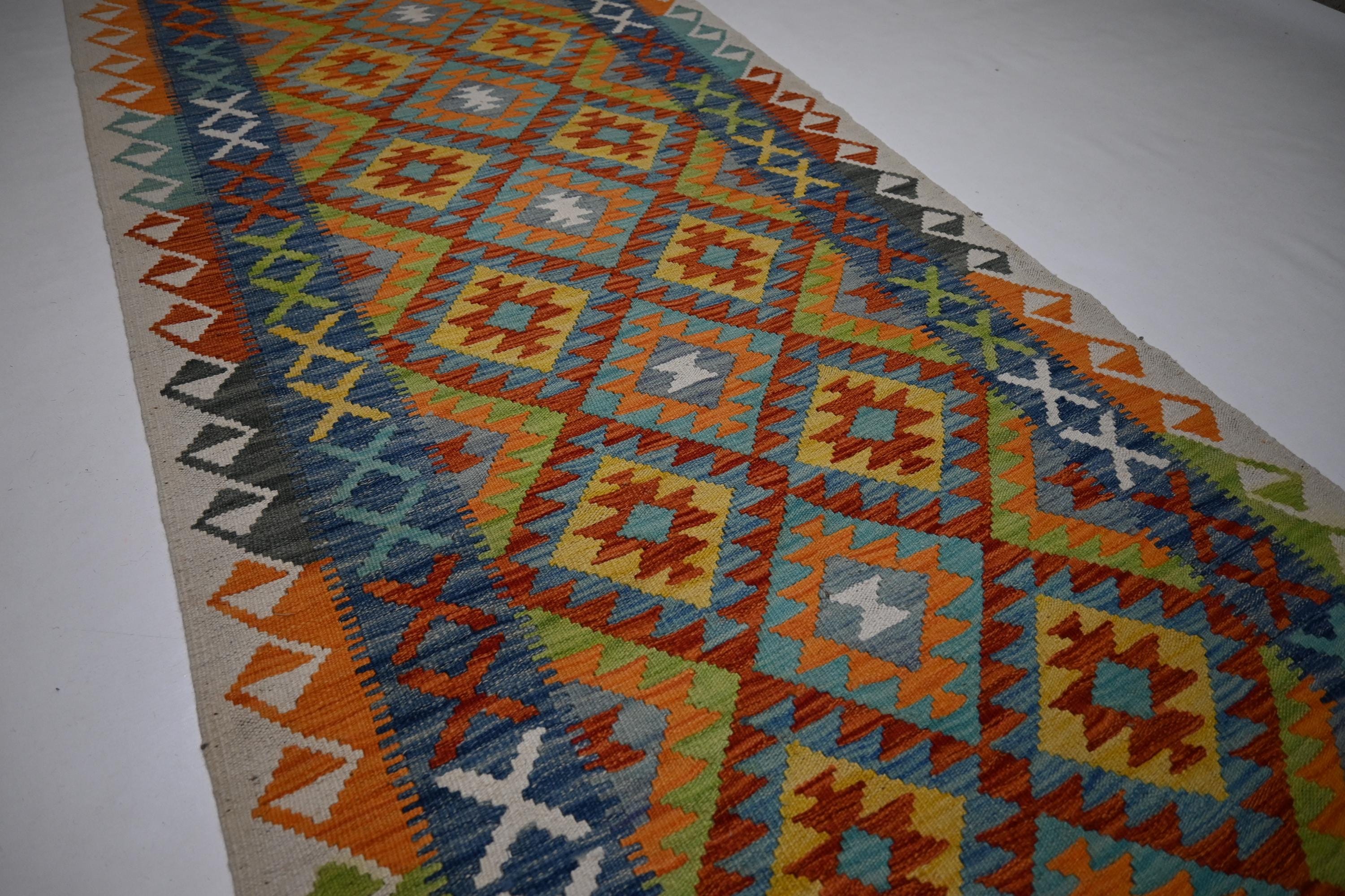 Handmade Afghan Kilim Runner Rug: Geometric Wool Flatweave Hallway Decor