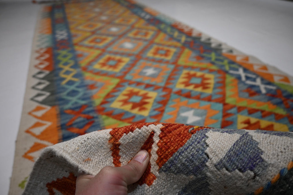 Handmade Afghan Kilim Runner Rug: Geometric Wool Flatweave Hallway Decor