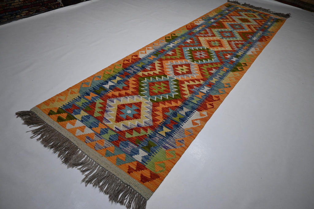 Handmade Afghan Kilim Runner Rug: Geometric Flatweave Wool for Hallways Kitchens