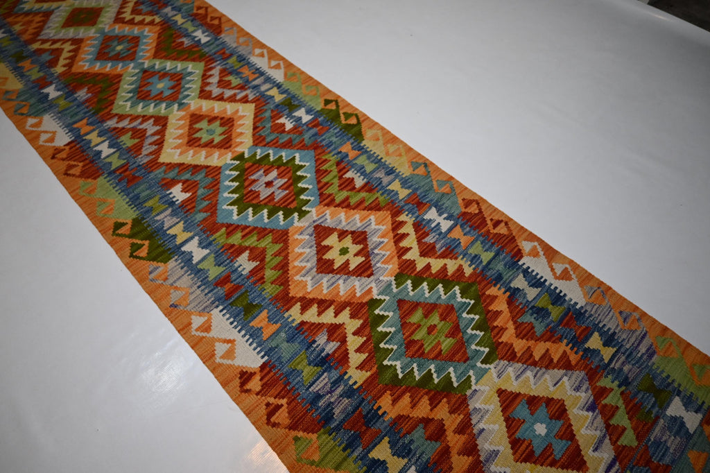 Handmade Afghan Kilim Runner Rug: Geometric Flatweave Wool for Hallways Kitchens
