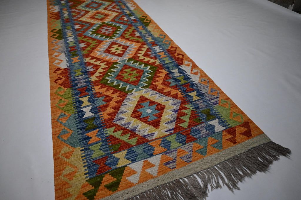 Handmade Afghan Kilim Runner Rug: Geometric Flatweave Wool for Hallways Kitchens