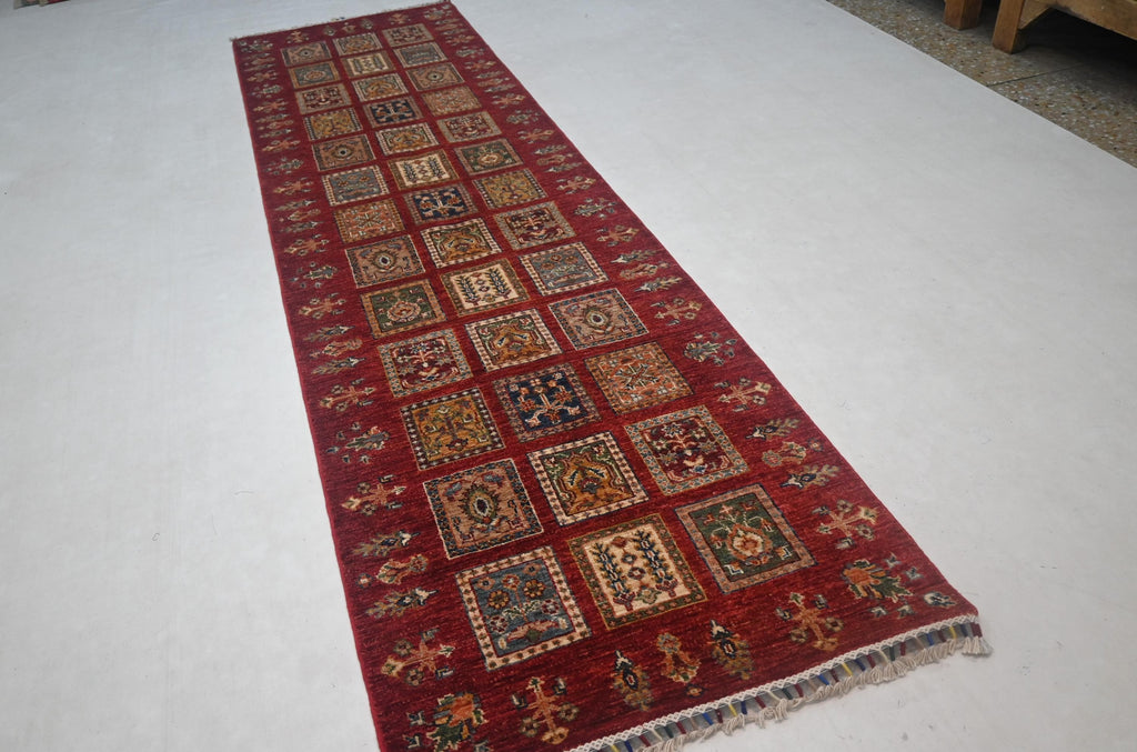 Vibrant Red Bijdar Afghan Runner Rug: 3x10 ft Hand-Knotted Wool Hallway Carpet