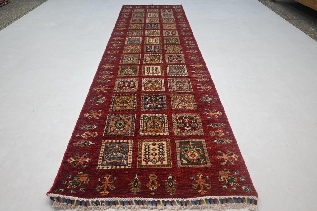 Vibrant Red Bijdar Afghan Runner Rug: 3x10 ft Hand-Knotted Wool Hallway Carpet