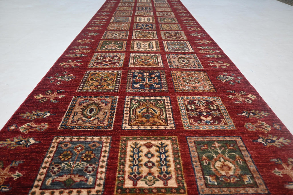 Vibrant Red Bijdar Afghan Runner Rug: 3x10 ft Hand-Knotted Wool Hallway Carpet