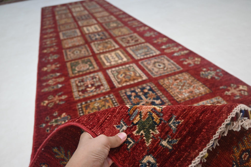 Vibrant Red Bijdar Afghan Runner Rug: 3x10 ft Hand-Knotted Wool Hallway Carpet