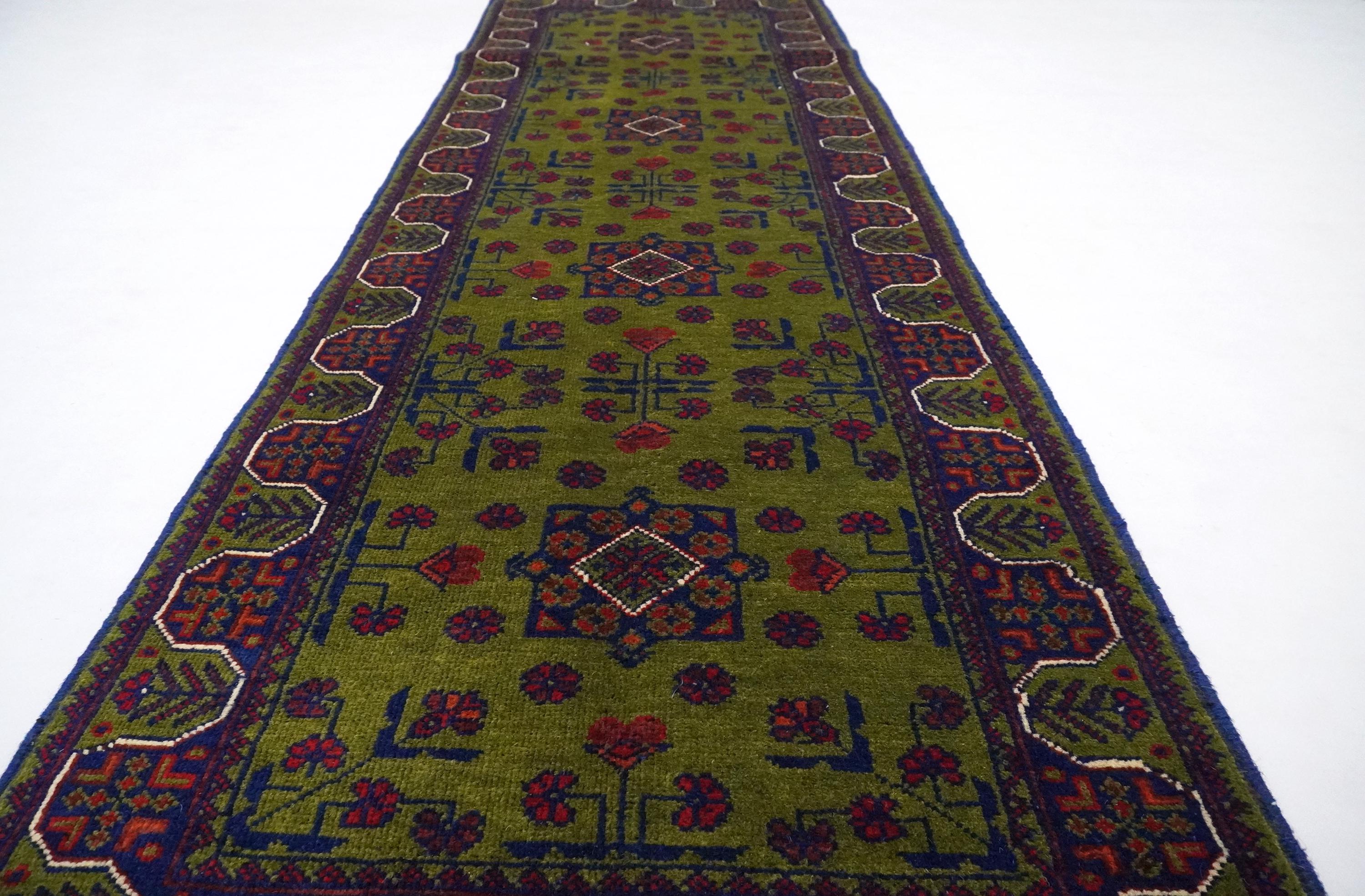 Exquisite Green Bukhara Afghan Hand-Knotted Wool Runner Rug 2'5x6'10 ft