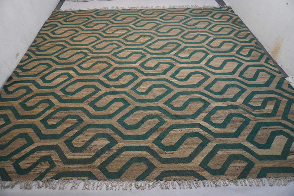 Luxurious 11x11.5 Ft Natural Gray Turquoise Afghan Handmade Wool Kilim Rug