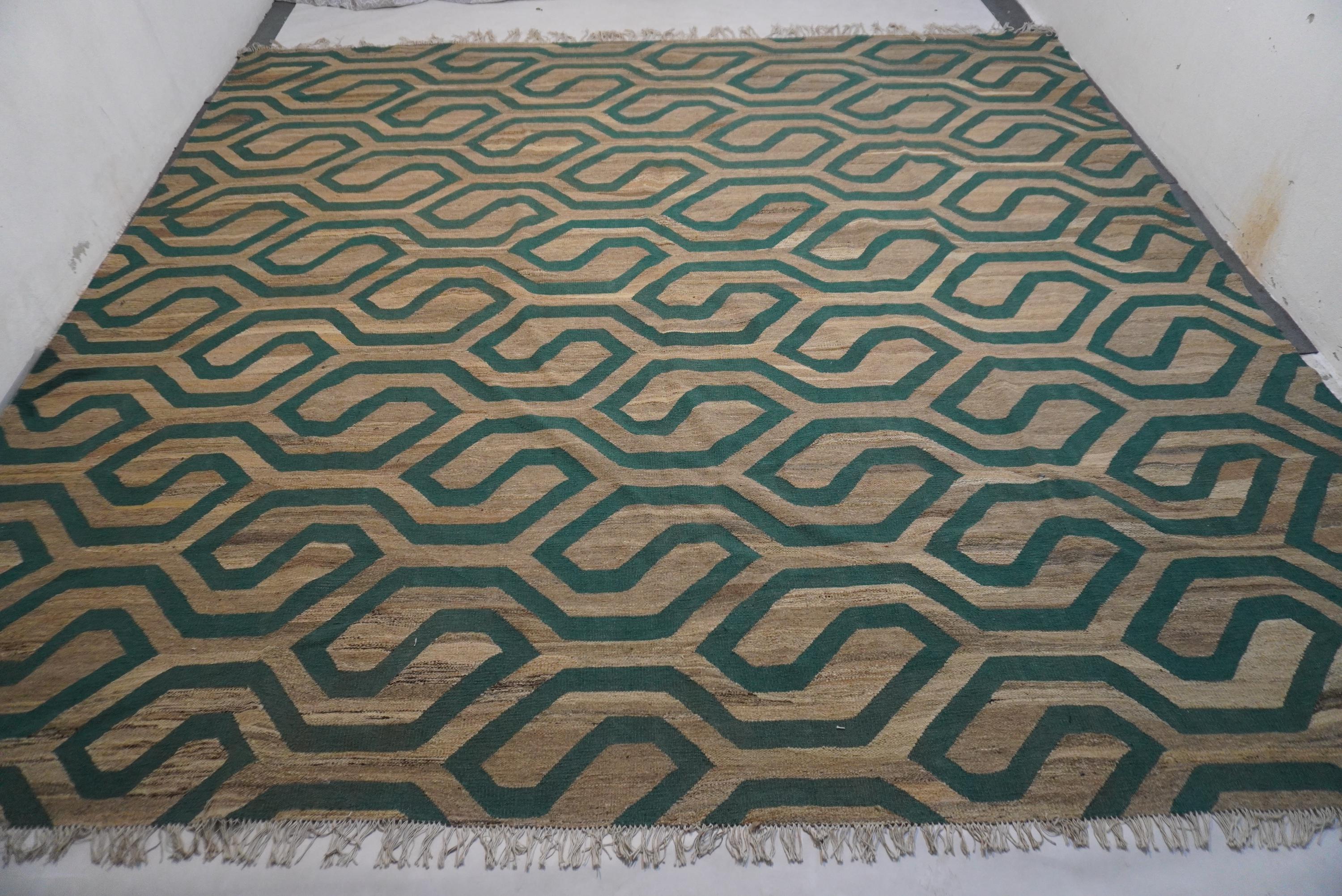 Luxurious 11x11.5 Ft Natural Gray Turquoise Afghan Handmade Wool Kilim Rug