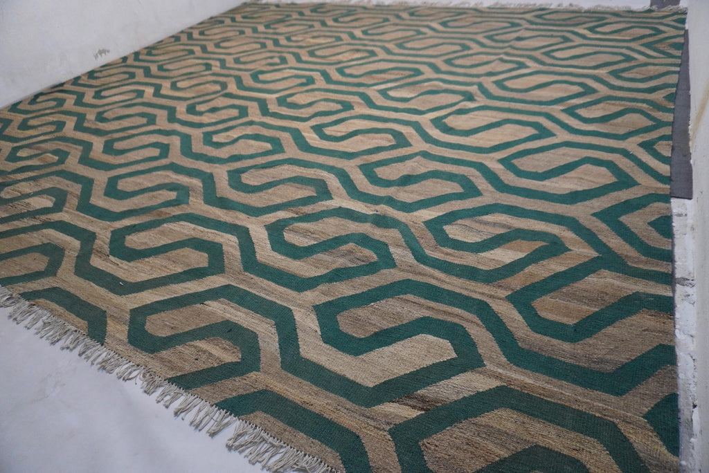 Luxurious 11x11.5 Ft Natural Gray Turquoise Afghan Handmade Wool Kilim Rug