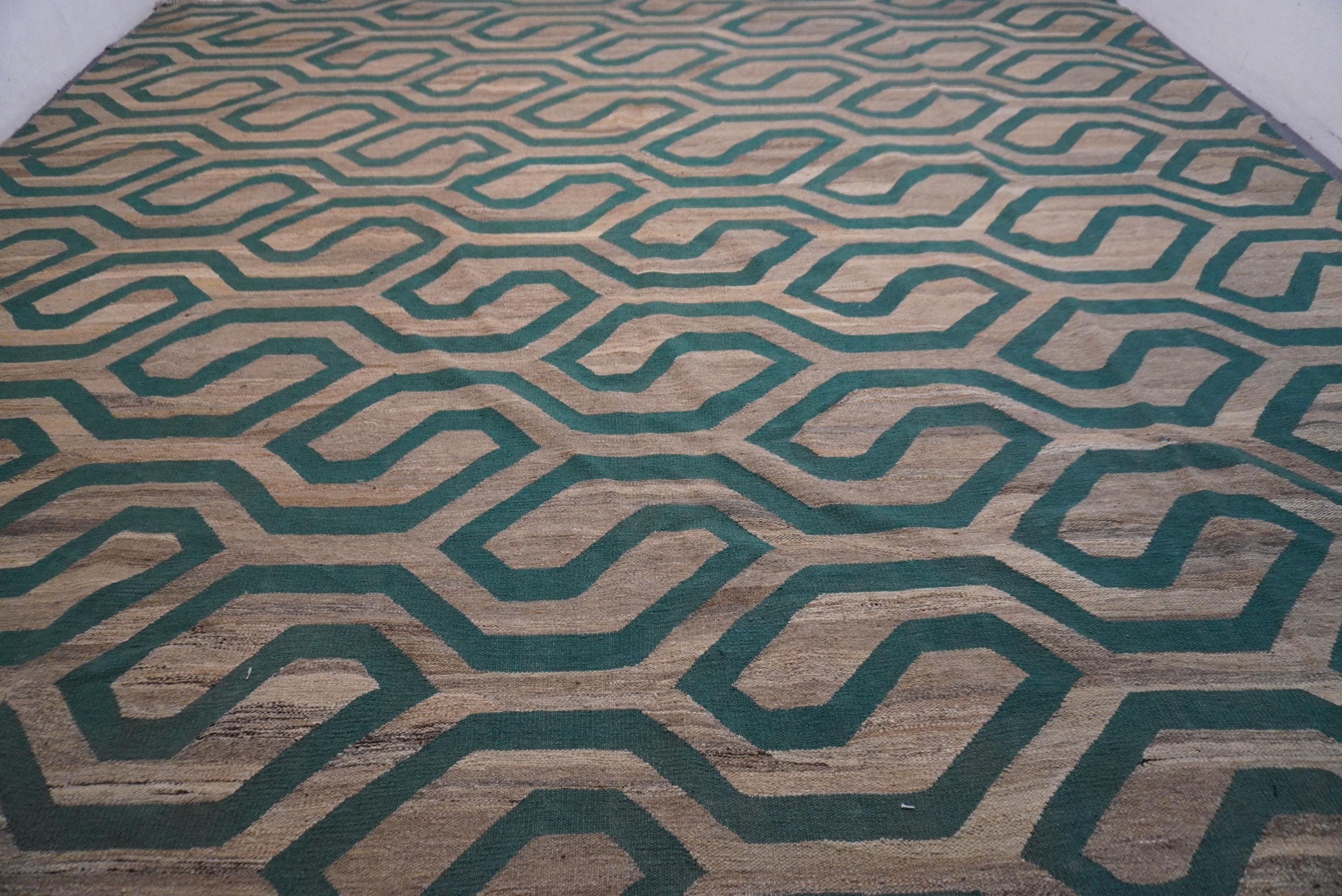 Luxurious 11x11.5 Ft Natural Gray Turquoise Afghan Handmade Wool Kilim Rug