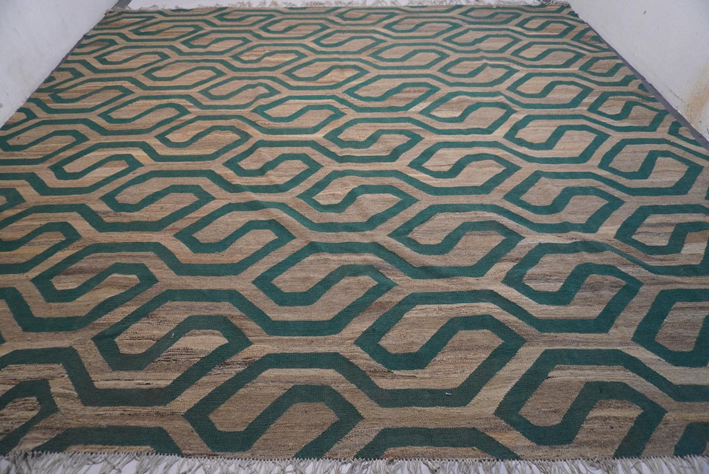 Luxurious 11x11.5 Ft Natural Gray Turquoise Afghan Handmade Wool Kilim Rug