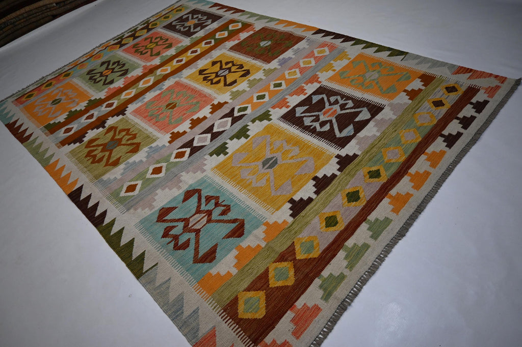 Exquisite Handmade Afghan Kilim Rug: 6x9 Geometric Wool Flatweave for Your Home