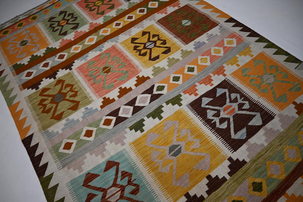 Exquisite Handmade Afghan Kilim Rug: 6x9 Geometric Wool Flatweave for Your Home