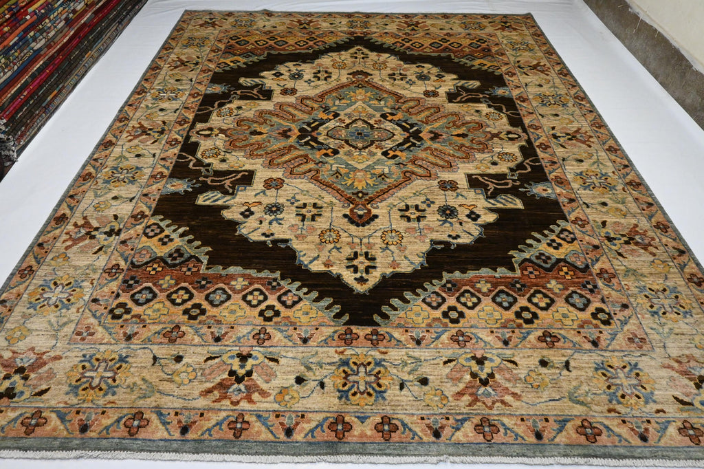 8x10 Handmade Afghan Heriz Wool Rug – Turkmen Medallion, Organic Dyes