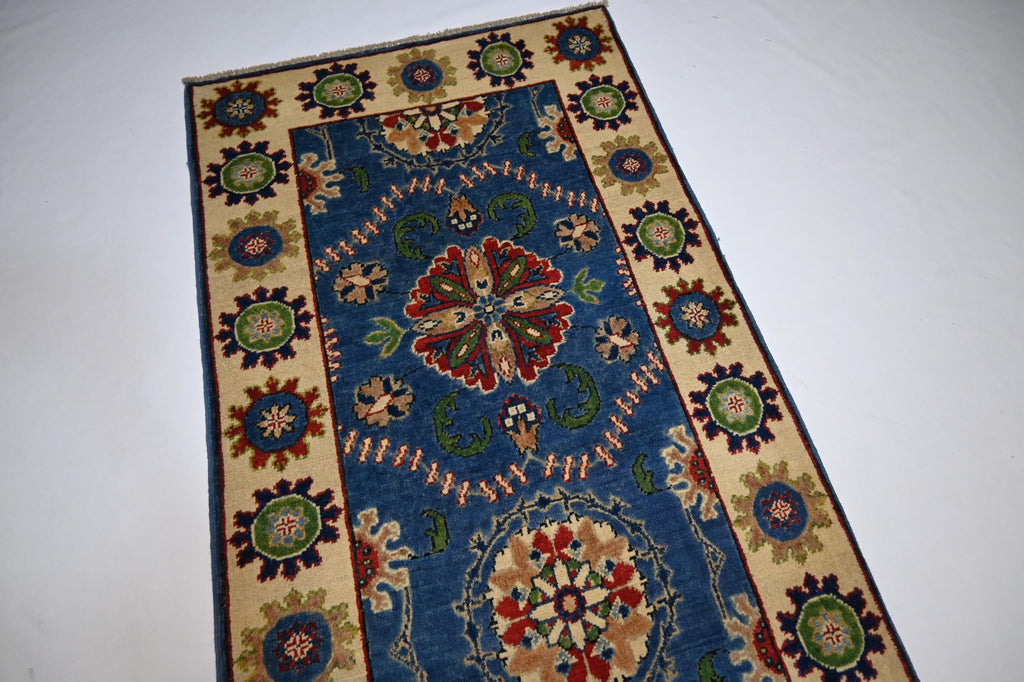 Hand-Knotted Blue Bijdar Wool Runner Rug - 3x10 ft Geometric Turkish Design