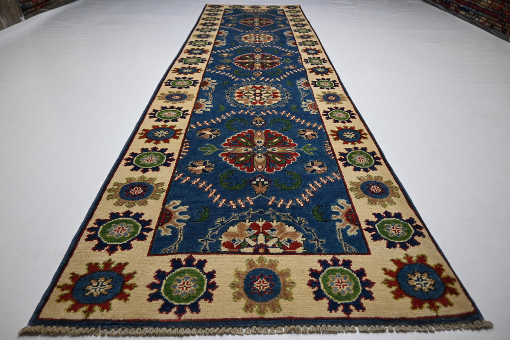 Hand-Knotted Blue Bijdar Wool Runner Rug - 3x10 ft Geometric Turkish Design