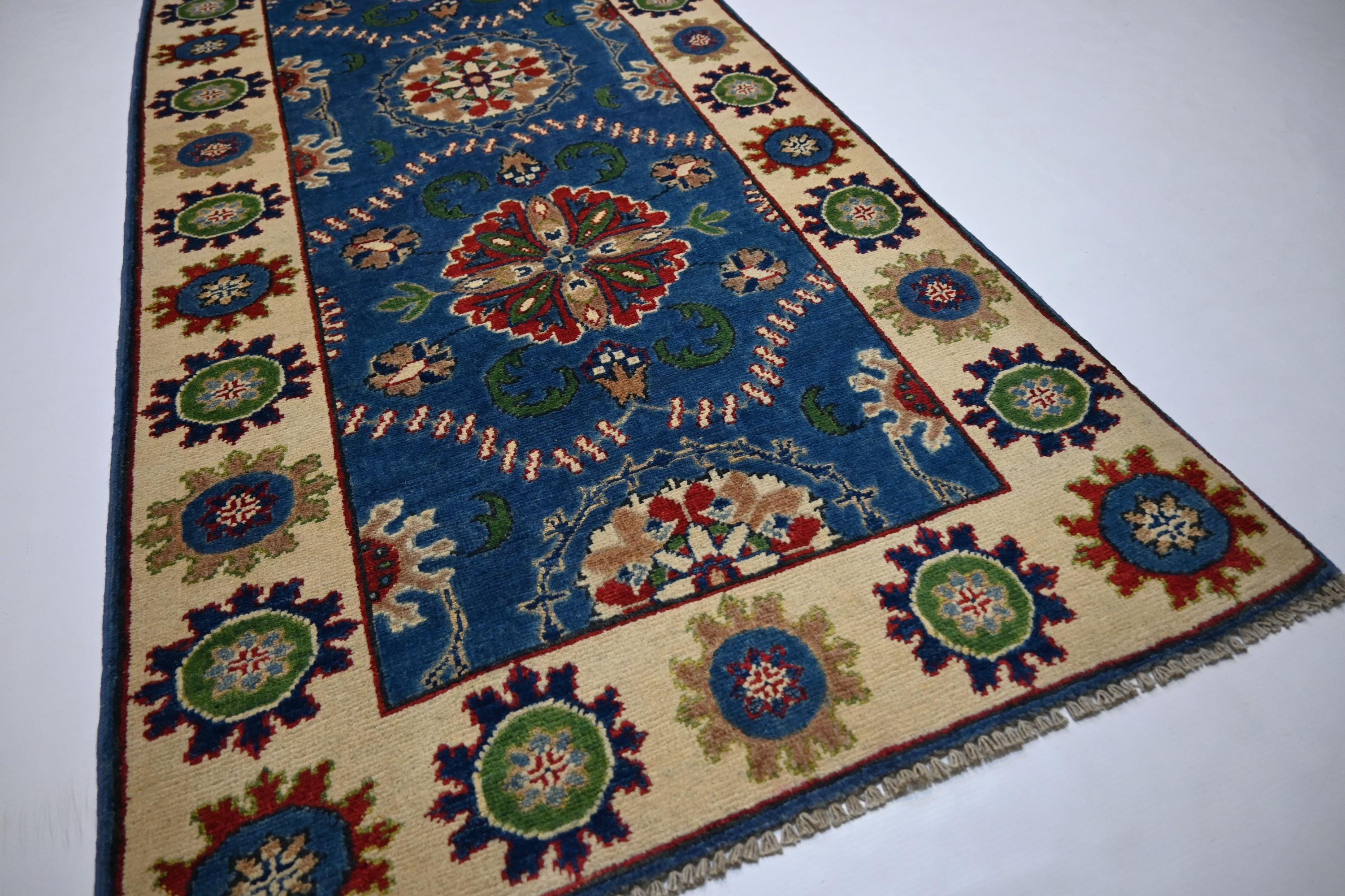 Hand-Knotted Blue Bijdar Wool Runner Rug - 3x10 ft Geometric Turkish Design