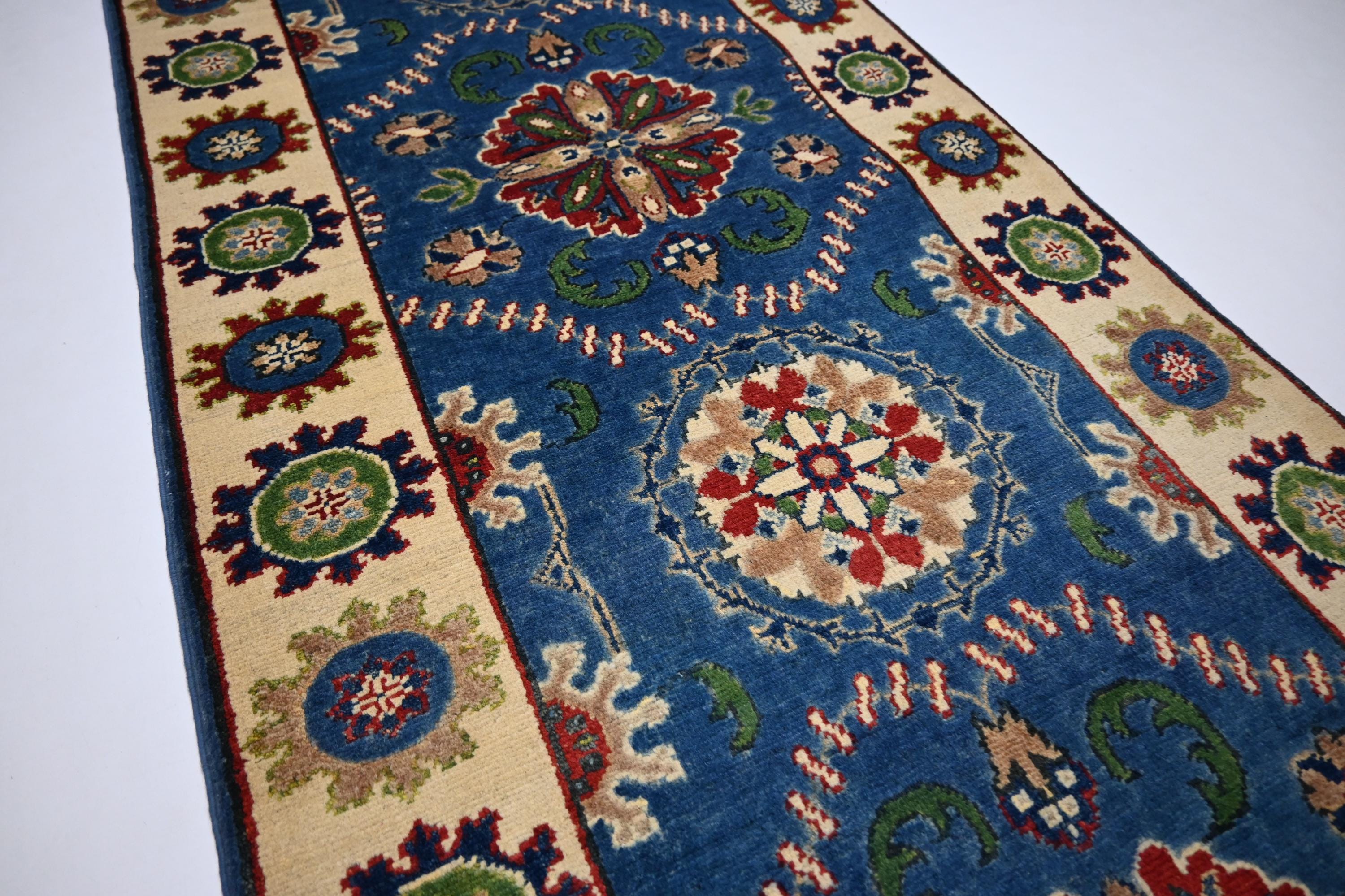 Hand-Knotted Blue Bijdar Wool Runner Rug - 3x10 ft Geometric Turkish Design