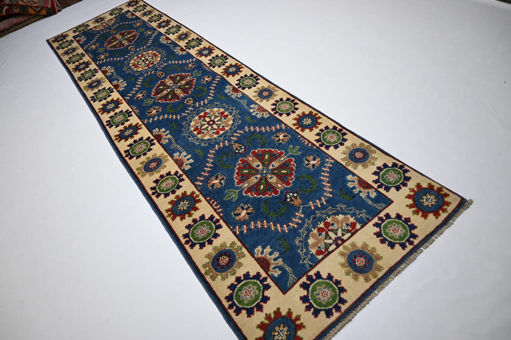 Hand-Knotted Blue Bijdar Wool Runner Rug - 3x10 ft Geometric Turkish Design