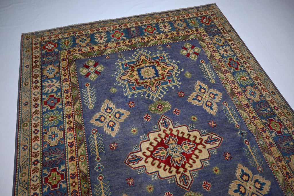 Exquisite 6x8 Purple Kazak Hand-Knotted Wool Rug: Turkish Geometric Area Masterpiece