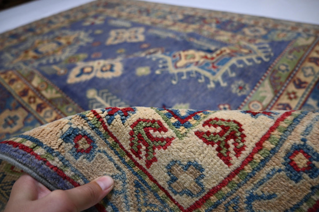 Exquisite 6x8 Purple Kazak Hand-Knotted Wool Rug: Turkish Geometric Area Masterpiece