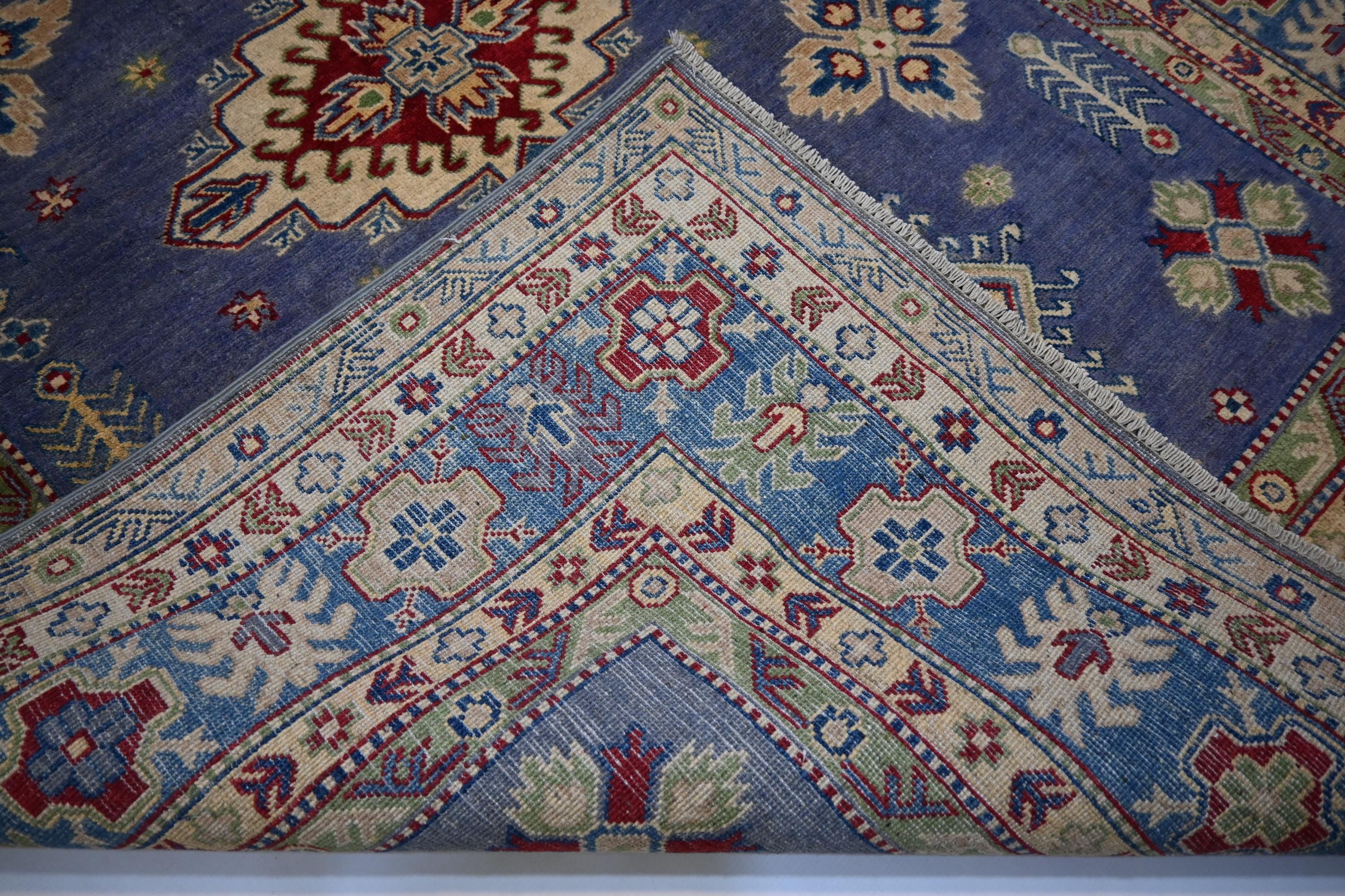 Exquisite 6x8 Purple Kazak Hand-Knotted Wool Rug: Turkish Geometric Area Masterpiece