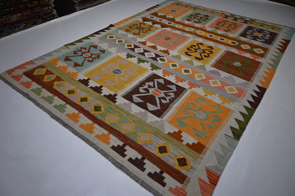 Exquisite Handmade Afghan Kilim Rug: 6x9 Geometric Wool Flatweave for Your Home