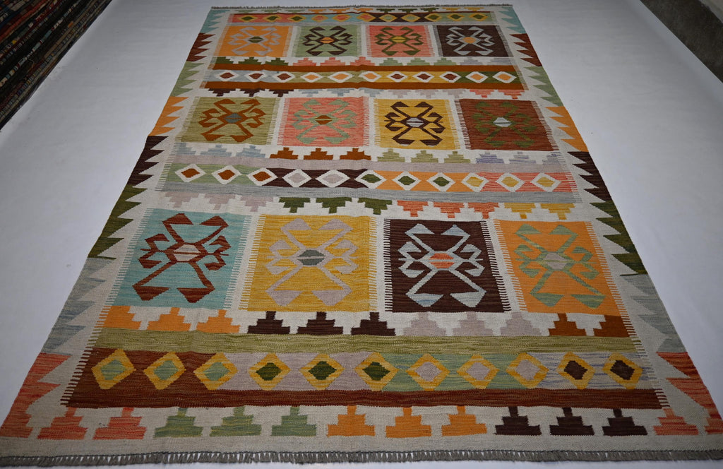 Exquisite Handmade Afghan Kilim Rug: 6x9 Geometric Wool Flatweave for Your Home