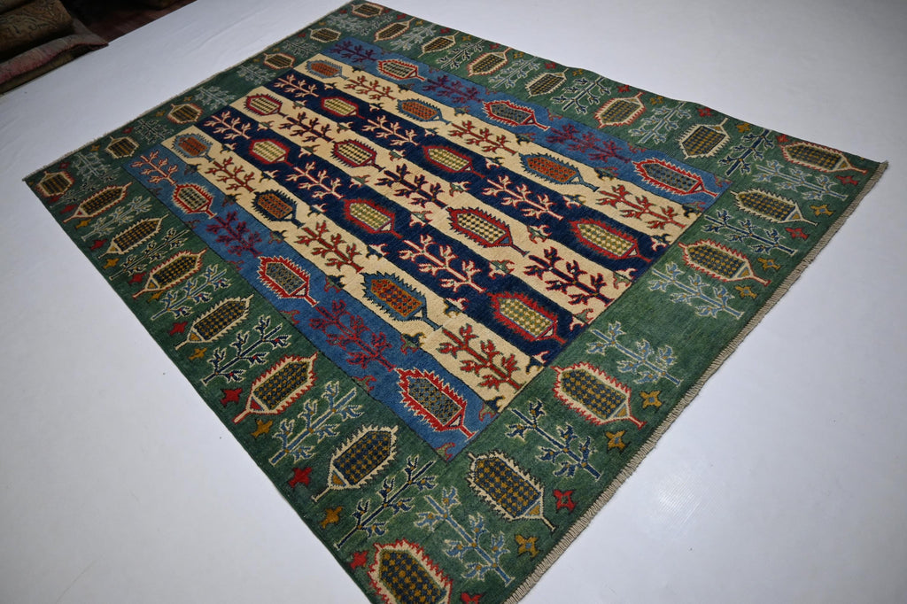 5x7 Hand-Knotted Afghan Wool Rug: Green Blue Beige Navy Geometric Floral Design