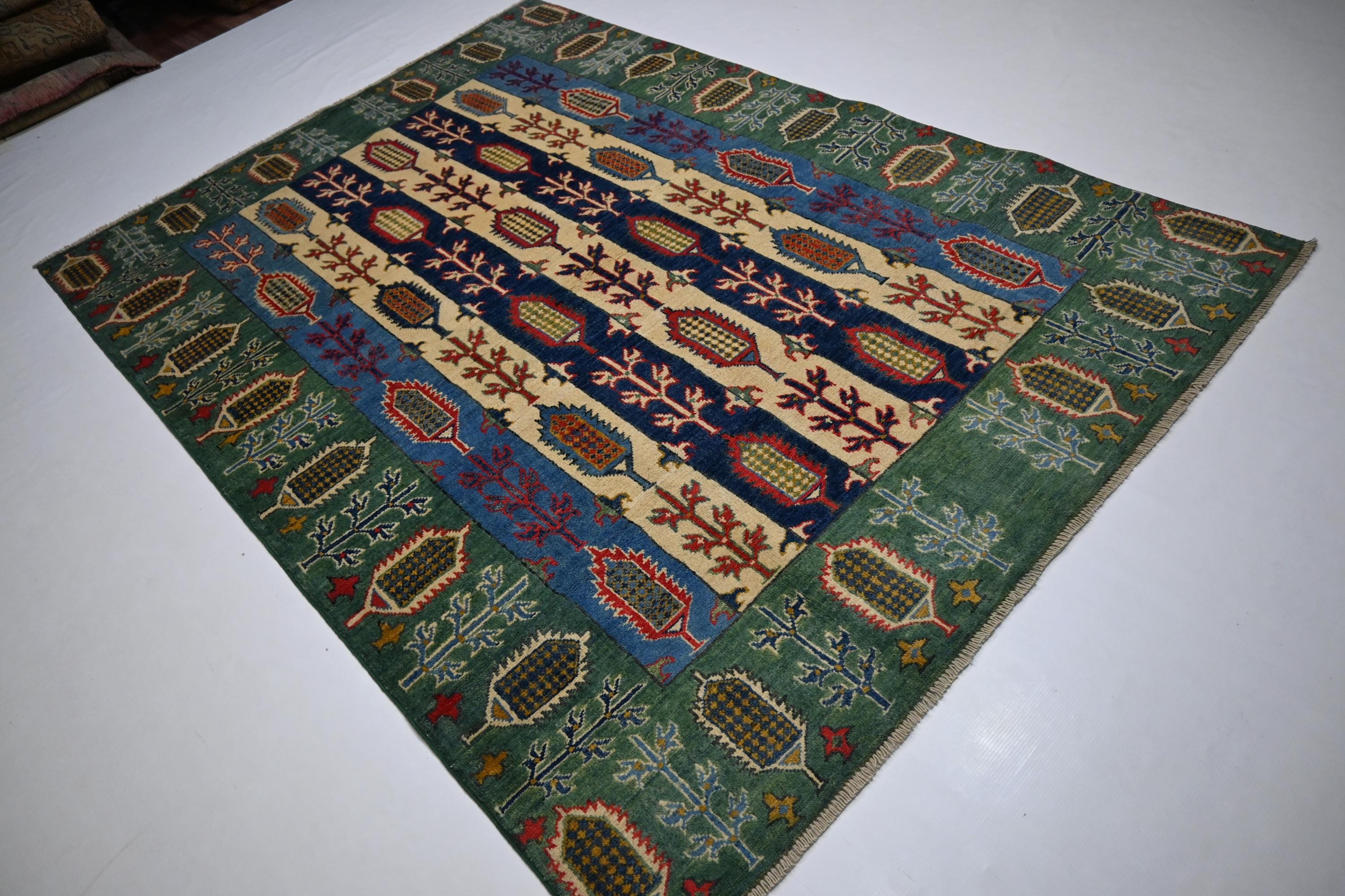 5x7 Hand-Knotted Afghan Wool Rug: Green Blue Beige Navy Geometric Floral Design